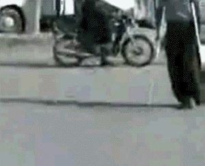 Man on crutches mysteriously healed by out of control auto speeding toward him.