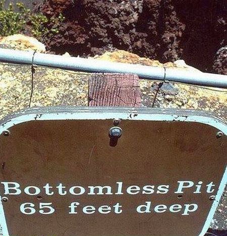 Unless ... it has a dimensional inversion 65 feet down that, when hit, sends things 65 feet up to fall out and continue falling back into it?
Thus, it would be 65 feet deep and, in theory, bottomless. Whatcha' think?
