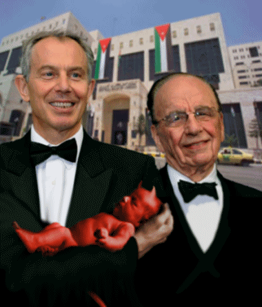 Yeah, you're right, it's none other than, Tony Blair and Ruper Murdoch.  Don't know 'who the DEVIL'  the kid is?