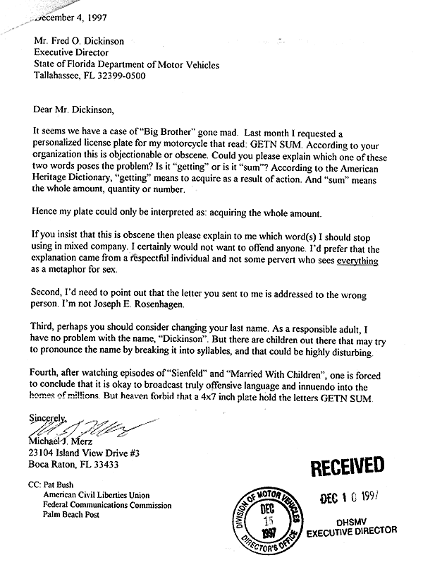 here is a letter written to the Florida DMV over a license plate 
