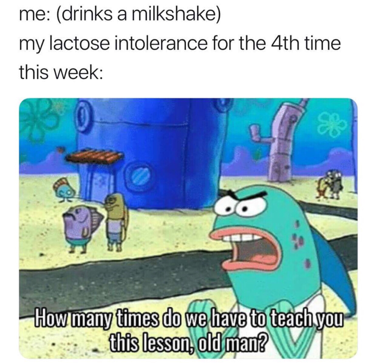 lactose intolerance joke - me drinks a milkshake my lactose intolerance for the 4th time this week E 1300 How many times do we have to teach you this lesson, old man? V