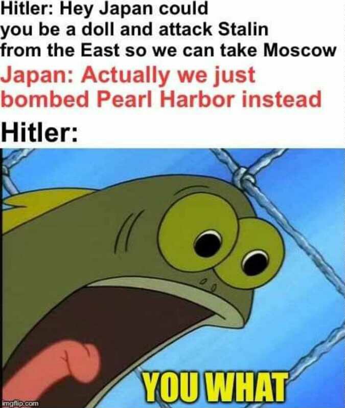 japan pearl harbor meme - Hitler Hey Japan could you be a doll and attack Stalin from the East so we can take Moscow Japan Actually we just bombed Pearl Harbor instead Hitler You What imgflip.com