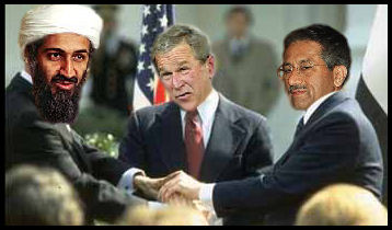 Bush, Osama, and Musharraf shake hands after aggreeing to wipe out America in 2013