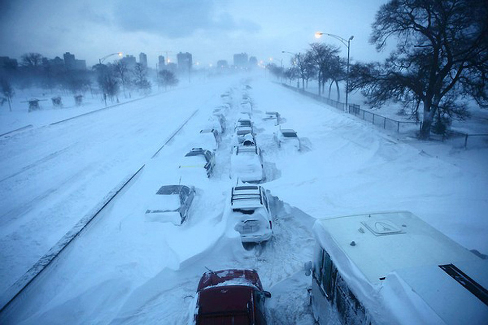 Cars are abandoned on Chicago's Lake Shore Drive during the "Snowpocalypse" in February.