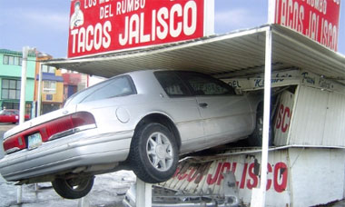 This driver clearly thought the taco stand was a drive-thru.