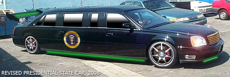 In keeping up with the latest changes for the new President-Elect and his administration, the Presidential State Car has been revised to reflect a more modern and appropriate style.  Complete with hydraulics, mirrored bulletproof windows, ground effects, spoiler, gold-trimmed grill, plasma display, Xbox 360, and nitrous oxide kit, our next Presiden