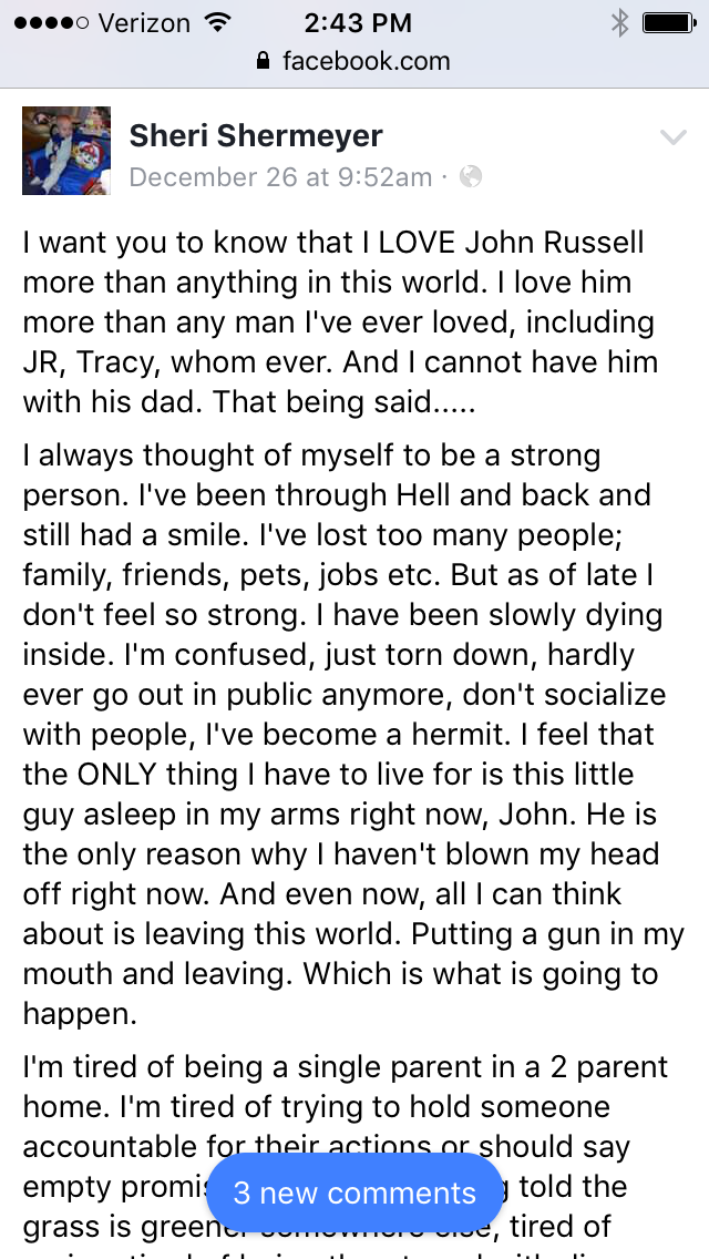 Sheri Shermeyer post to her husband before killings herself and 12 month old son.