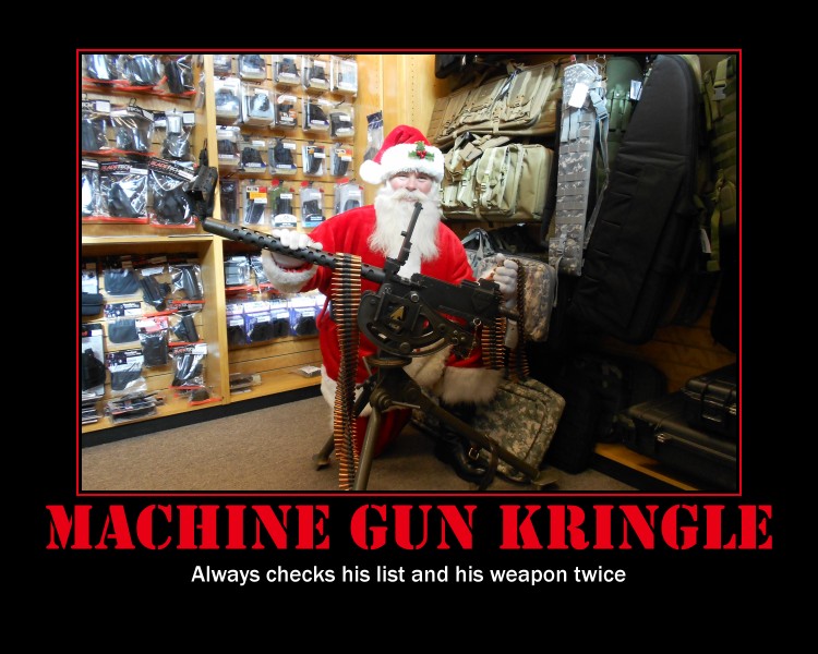 Santa doing custom and unique Christmas cards with kids and guns.