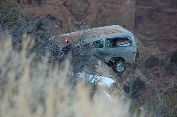 Somehow the 34-year-old Grand Junction man drove his 1987 van off Rim Rock Drive in the monument Wednesday evening. Daniel J. Lyons seemed headed to a very, very long drop and a very, very hard and sudden stop. But after rocking and rolling about 120 feet, his rig snagged on vegetation and a rock ledge. 