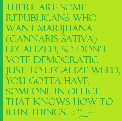 There are some republicans who want to LEGALIZE IT! Don't vote against all republicans. Find out which ones are SMART and want to legalize it and vote for em! We need someone who knows what to do in office AND legalize IT!  