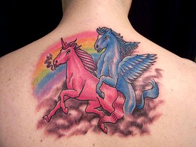 Horrible Unicorn humping session tattoo on mans back. Why do these people do this?