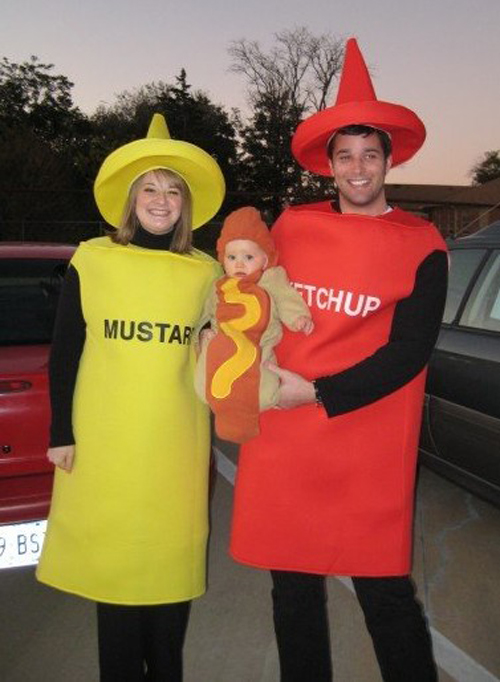 Ketchup and Mustard with their baby hot dog