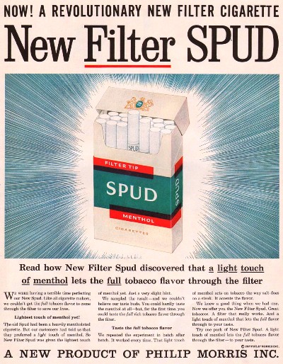 <br>Spud Cigarettes.<br><br>Life; April 1, 1957.<br><br><a href=http://graphic-design.tjs-labs.com/show-picture.php?id=1208474424&size=FULL>Click here to view a full-size readable image.</a>