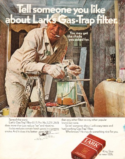 <br>Lark Cigarettes.<br><br>Saturday Evening Post; February 8, 1969.<br><br><a href=http://graphic-design.tjs-labs.com/show-picture.php?id=1214930969&size=FULL>Click here to view a full-size readable image.</a>
