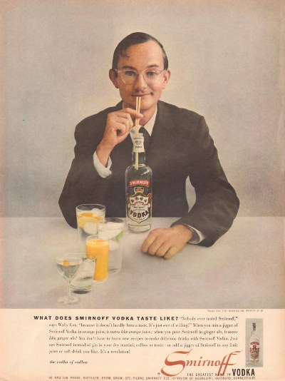 Wally Cox for Smirnoff Vodka.<br><br>Life; September 9, 1957.<br><br><a href=http://graphic-design.tjs-labs.com/show-picture.php?id=1208051775&size=FULL>Click here to view a full-size readable image.</a>

