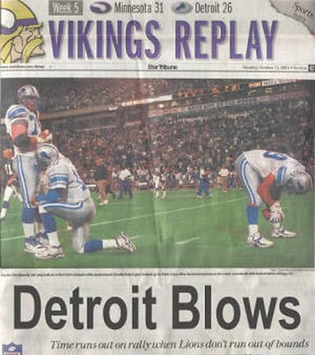 funny sports headlines - Week 5 Minnesota 31 Detroit 26 Tavikings Replay Detroit Blows Timeruns call ort rullruten Lions don't run out of bounds