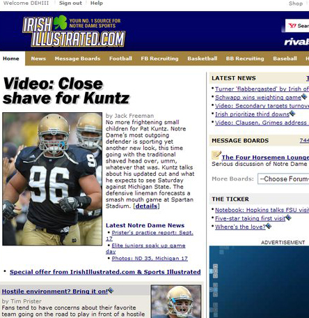 Headline - Welcome Dehii Sign out Help Shop nain Your No. 1 Source For Y? Sear Irish Notre Dame Sports Illustrated.Com rival Home News Message Boards Football Fb Recruiting Basketball Bb Recruiting Baseball Video Close shave for Kuntz Latest News Turner…