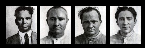 The Newton Gang (active from 1919-1924):  Often considered the most successful train and bank robbers in U.S. history, the Newton gang were comprised of Willis, Doc, Joe and Jess Newton, four sons of cotton farmers from Texas. The leader of the gang, Willis, claimed they had robbed 87 banks and 6 trains, and pulled off more heists than the Dalton Gang, Butch Cassidy’s Wild Bunch and the James-Younger Gang combined, all without killing anyone.  In this picture from left to right: Doc, Willis, Jess and Joe.
Along with safecracker Brent Glasscock, the Newton Boys (as they came to be known) pulled off most of their robberies at night in unoccupied banks. Their stealthy method allowed them to continue for five years before being caught for robbing a mail train from Chicago. The brothers all served time for the crime and then went back to Texas after being released from prison.