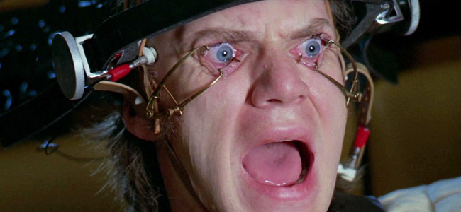 Scene from A Clockwork Orange of someone's eyes forced open to watch something.