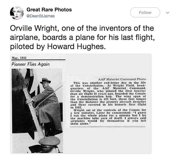 orville wright howard hughes - Great Rare Photos Orville Wright, one of the inventors of the airplane, boards a plane for his last flight, piloted by Howard Hughes. May. 1914 Pioneer Flies Again Aaf Materiel Command Photo This was another redletter day in