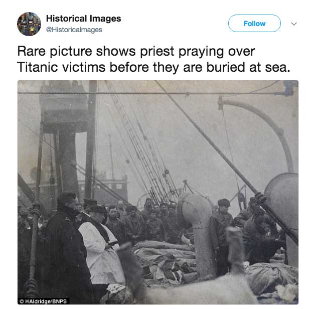 priest praying over titanic victims - Historical Images Rare picture shows priest praying over Titanic victims before they are buried at sea. CHAldridge Bnps