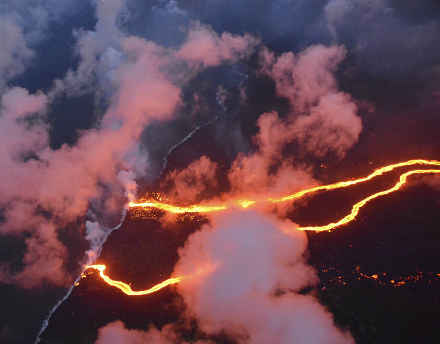 Aerial view of two lava channels flowing in the lower east rift zone.