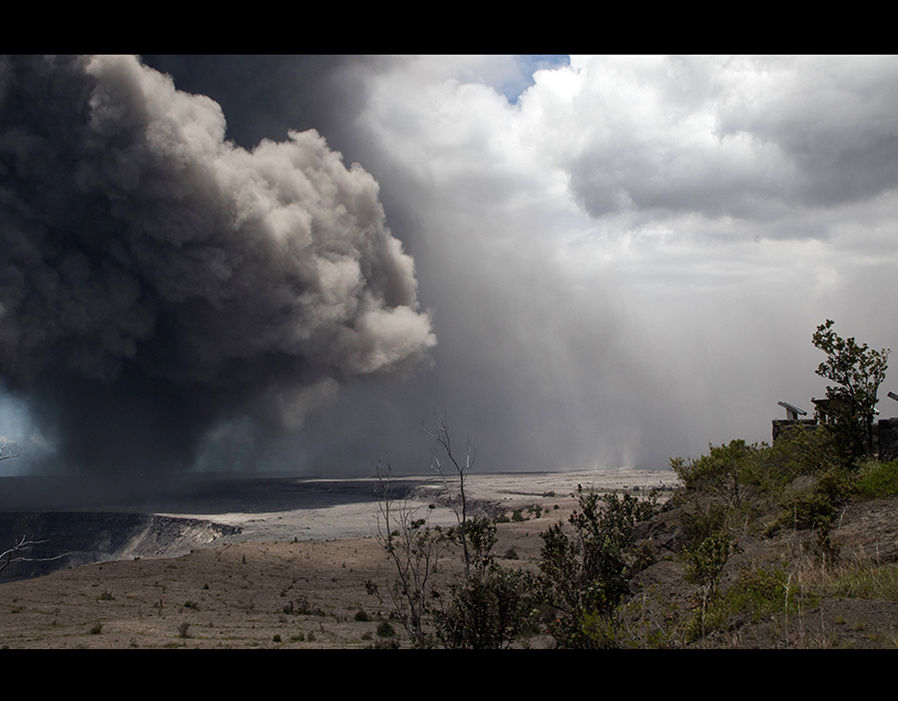 An ash plume rises after an eruption.