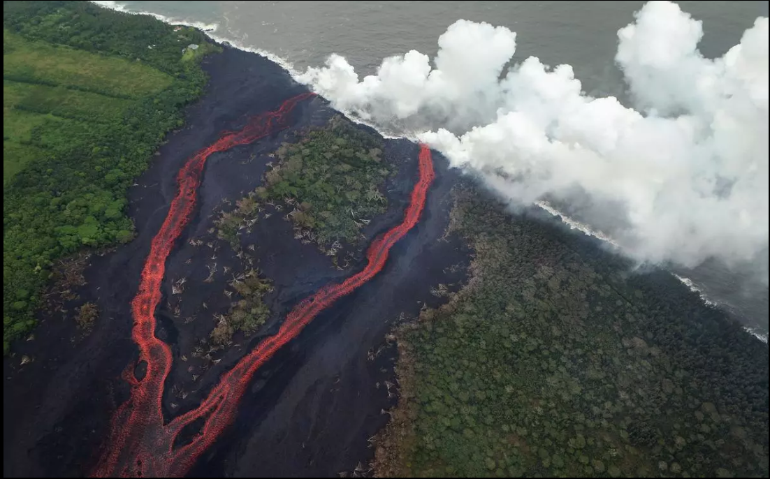 Lava flowing into the Pacific.