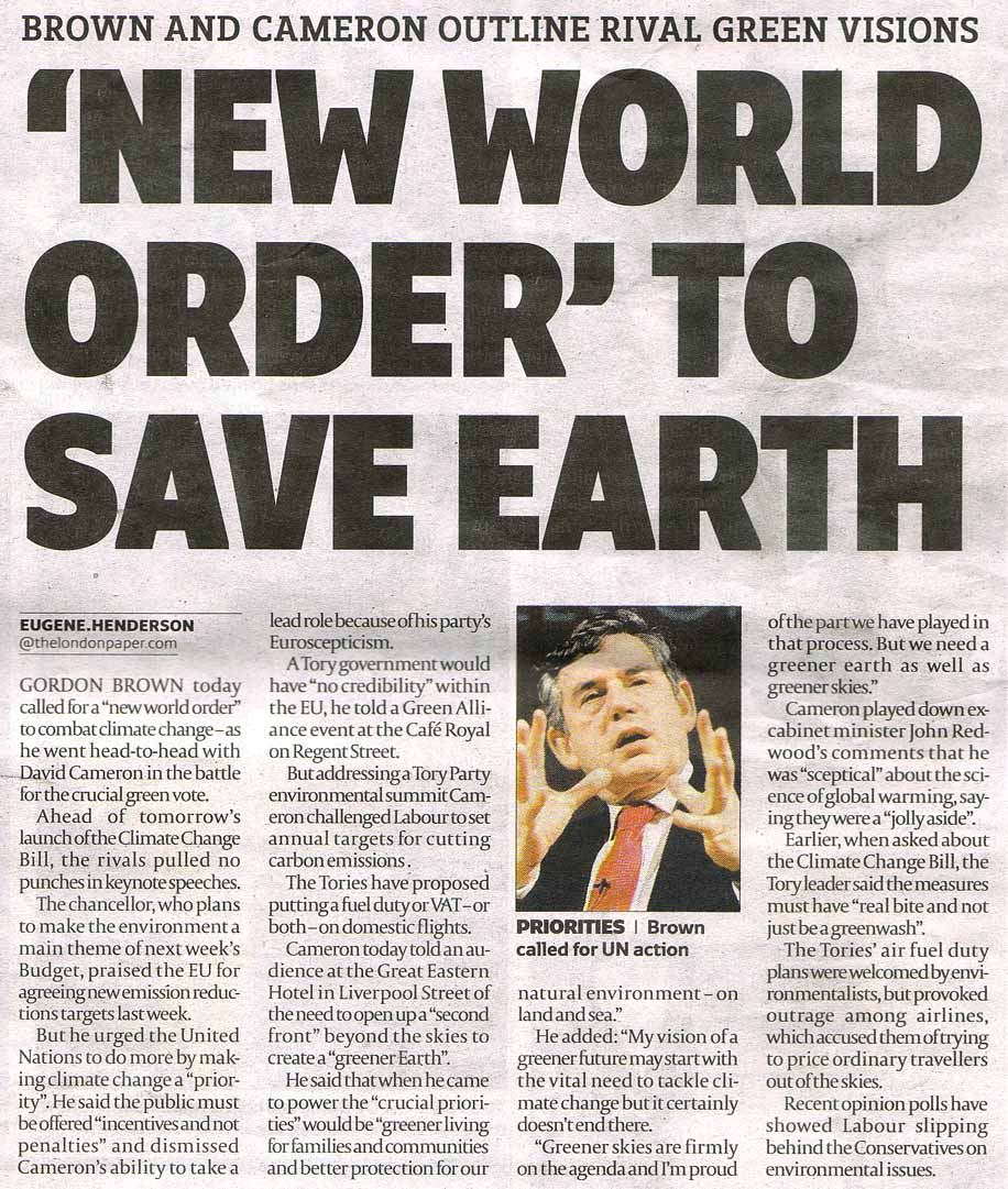 Gordon Brown Tells The World America Has To Give Up Her Freedoms To Save The Planet. The Humans Must Die. Make sure to ENLARGE and read the full article!!!