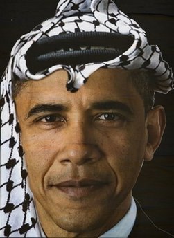 A poster, hung by an extremist right wing group, depicting US President Barack Obama wearing a traditional Arab headdress is seen in Jerusalem, Sunday, June 14, 2009. Senior aides say they don't expect Israeli Prime Minister Benjamin Netanyahu to explicitly endorse Palestinian statehood when he delivers an anxiously awaited policy speech Sunday nig