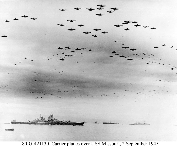 CARRIER PLANES OVER USS MISSOURI SEPT 2, 1945 