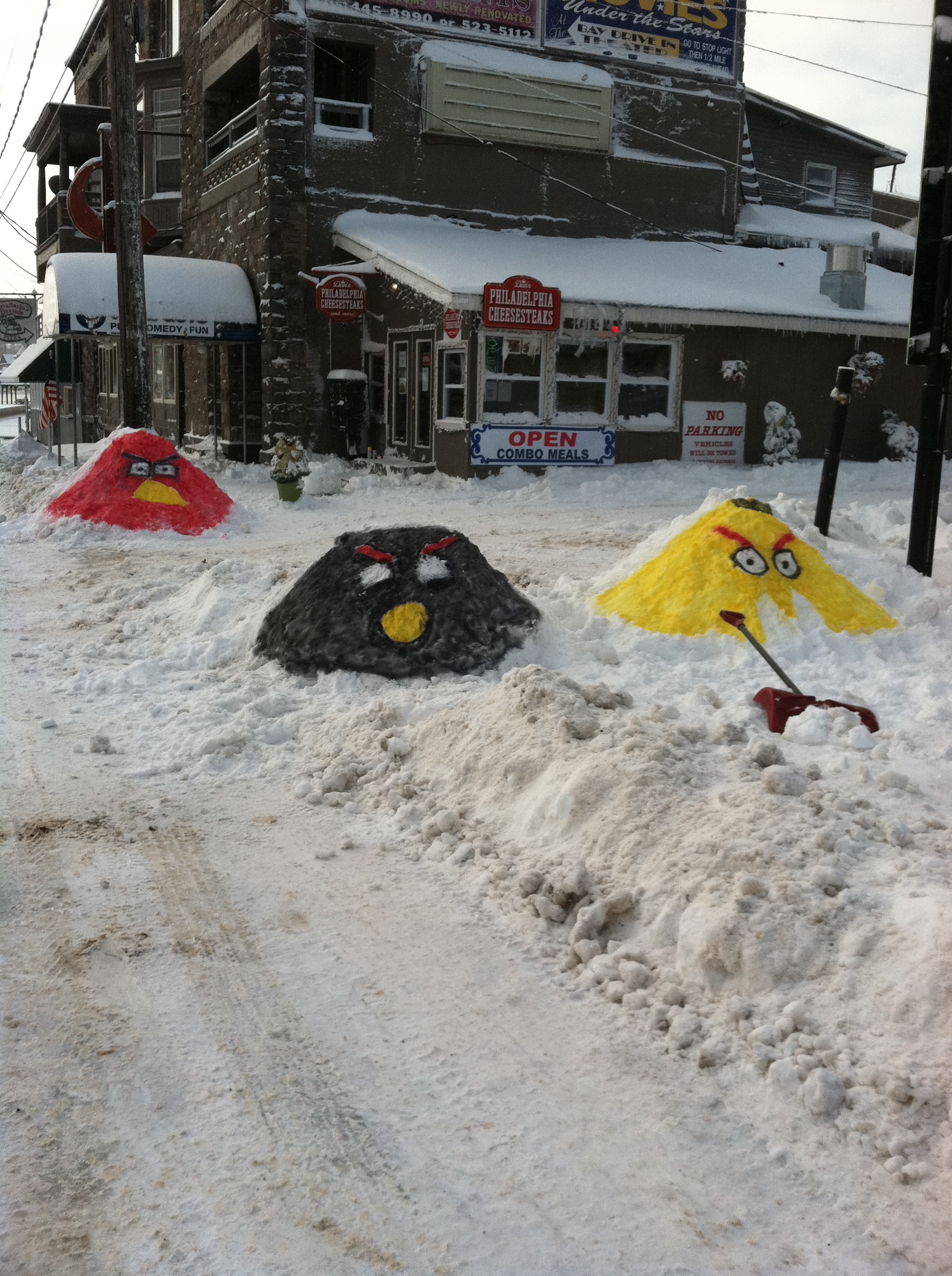 Angry Birds appear in snow outside Dan's Philadelphia Cheesesteaks in Alexandria Bay, NY