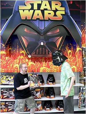 "SAY DARTH! CHECK OUT THIS LAME-ASS DARTH VADER HALLOWEEN COSTUME THEY PUT OUT! BWAHAHAHAHA!"