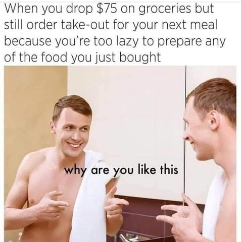 relatable memes for guys - When you drop $75 on groceries but still order takeout for your next meal because you're too lazy to prepare any of the food you just bought why are you this