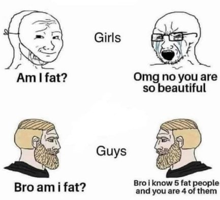 know 5 fat people and you re 4 of them - Girls Am I fat? Omg no you are so beautiful Guys Bro am i fat? Bro i know 5 fat people and you are 4 of them