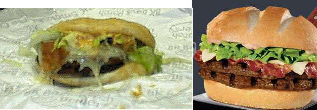 I bought this in the latter part of the 1990's after seeing the advertised pic on the right..What I received is on the left..It is no longer on the menu, thank GOD.
