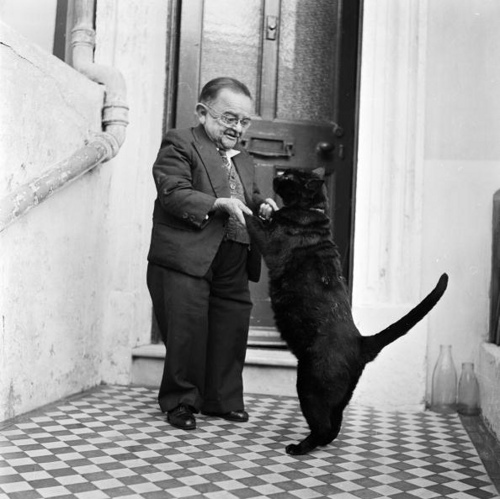 26th October 1956: Henry Behrens, the smallest man in the world dances with his pet cat.