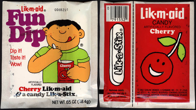 fun and dip - Likmaid. 0088214 Lik.m.gid 1791552 Candy Artificially Flavored Cherry Dip it! Tste it! Wow! Ro likoaStir. Artificially Flavored Cherry Likom.aid &a candy LikaStix Net Wt.65 Oz 18.49 Remove candy Stix and dip it co 1982 Sunuine Brands. A Sunm
