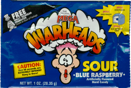 warheads candy 90s - Migh Terper Mega Ace Powder Freella Mega Haracterhead en Back Package Meer Caution First 50 seconds are Extremely Intense! Hang in there! Sour Blue Raspberry. Artificially Flavored Hard Candy Net Wt. 1 Oz. 28.35 g