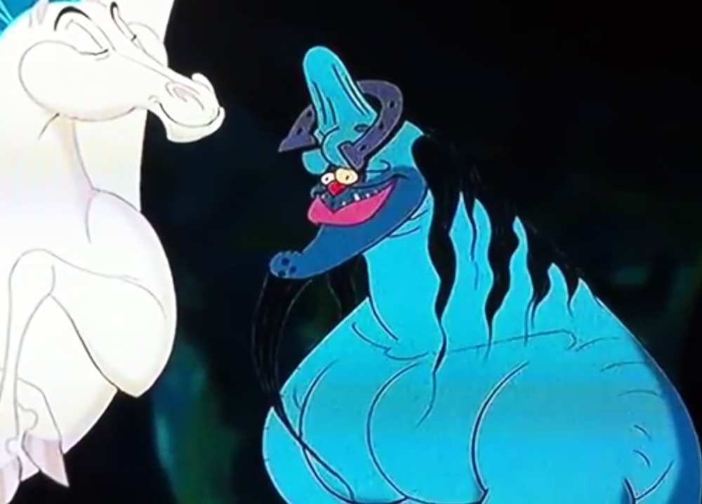 In the Disney animation Hercules, the River Guardian gets hit on the head causing a penis and balls to form on his forehead. 