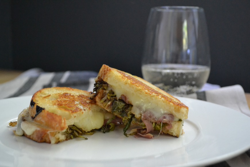 Oven roasted brussel sprouts, balsamic glaze, prosciutto stuffed fontina grilled cheese on sourdough