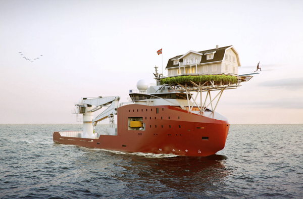 The Ultimate Houseboat. The image originates from the site of <a   href="http://www.boligpartner.no/salgskontorer/more-og-romsdal/orsta/gled-deg-  til-a-lengte-heim/" target="_blank">Bolig Partner</a>, a Norwegian home construction firm, which is urging people to "Realize your dream home in the New Year!"