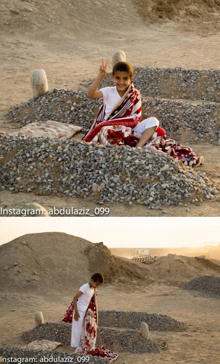 It was actualy a staged shot taken by photographer Abdel Aziz Al-Atibi of   his nephew in Saudi Arabia as part of a conceptual art project. When he learned   of how the photo was being misunderstood, he uploaded more photos showing other   shots of his nephew during the photoshoot, to demonstrate that the scene was a staged art project.  