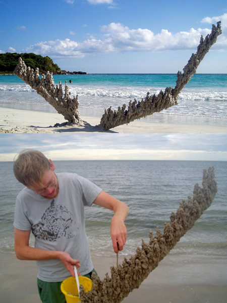 What the image really shows is a piece of driftwood with sand piled on top of it. The structure was created by "Sandcastle Matt" and posted on his <a   href="http://www.flickr.com/photos/sandcastlematt/" target="_blank">Flickr photostream</a>. He described it as <a   href="http://www.flickr.com/photos/sandcastlematt/388839090/in/photostream/"   target="_blank">"the biggest sandcastle I've ever made."</a>