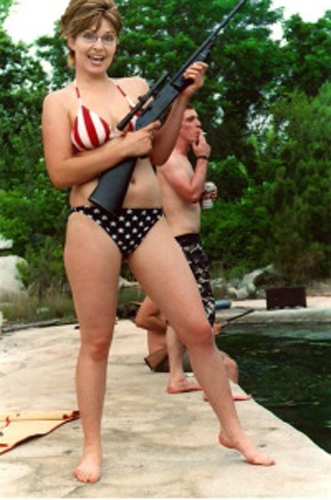 Sarah Palin With Gun In Bikini. The image showing former Alaska Governor Sarah Palin posing in an American flag bikini while holding a gun started to circulate online soon after she was chosen as John McCain's Vice-Presidential candidate.