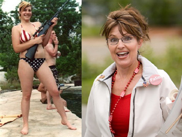 The image was created by an unknown hoaxer who removed Palin's head from a photo showing Palin marching in the Chugiak July 4 Parade. The hoaxer then pasted Palin's head onto the body of a bikini-wearing model.