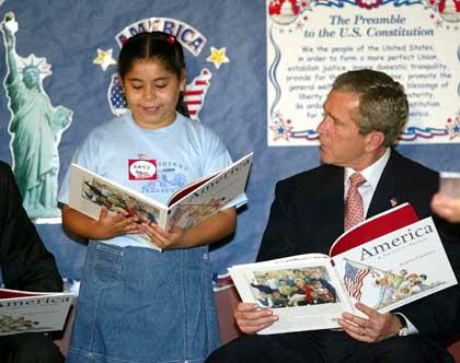 The original version of the photo was taken in the Summer of 2002 while Bush was visiting George Sanchez Charter School in Houston. It was distributed by the Associated Press. 