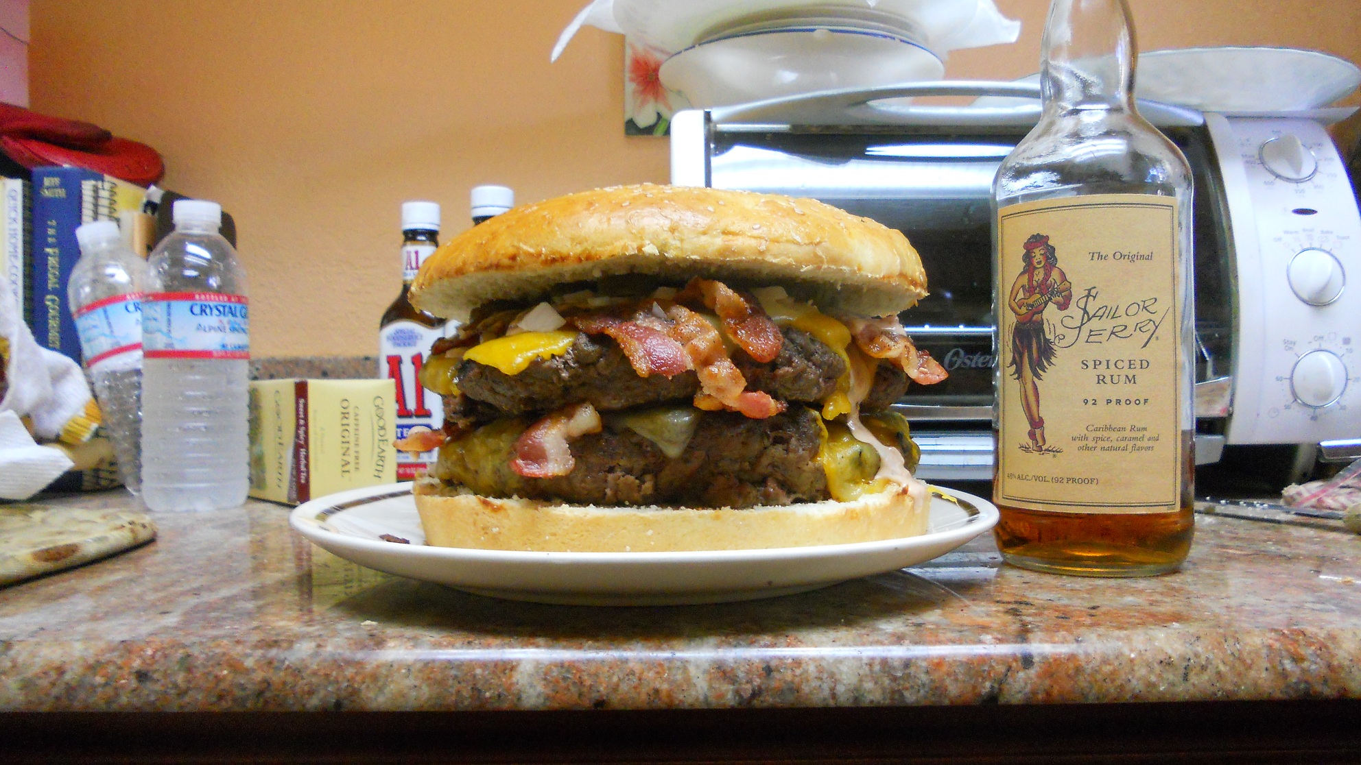 3lb. Double Bacon Cheeseburger, Belle's Hamburger Buns, special sauce with ranch, drained salsa, jalapenos, cayenne, paprika, curry, garlic.
