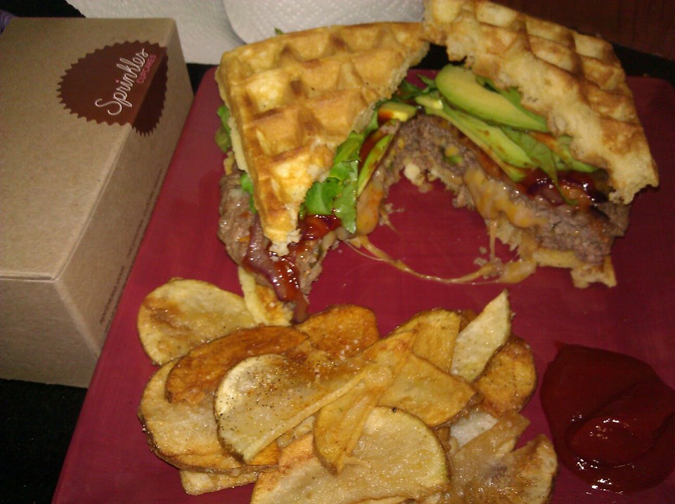 Waffle Jalapeno Bacon Avocado Juicy Lucy Burger with home made fries and spicy ketchup.