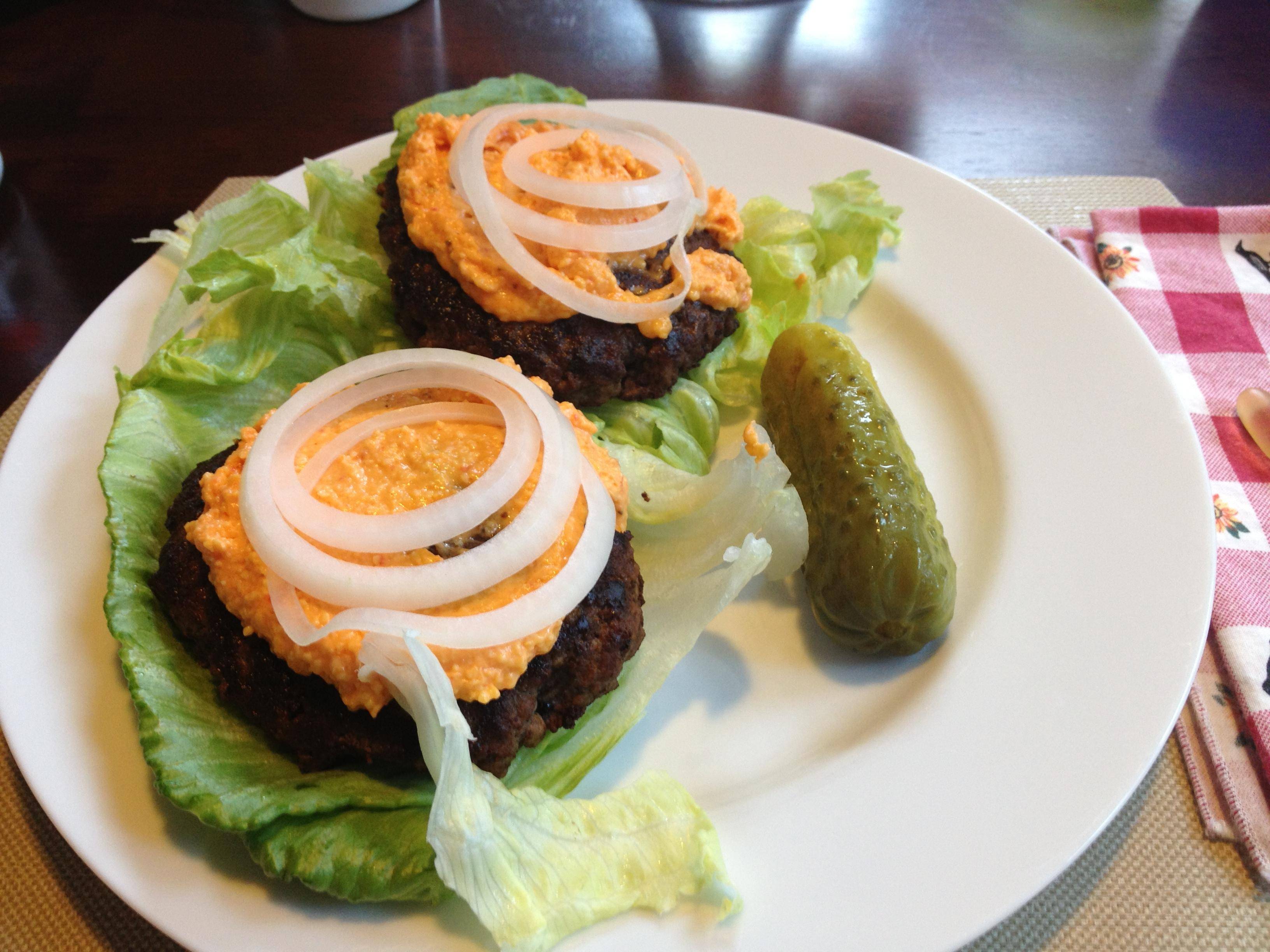 Lettuce Wrapped Burger with home made pimento cheese, and a pickle.
